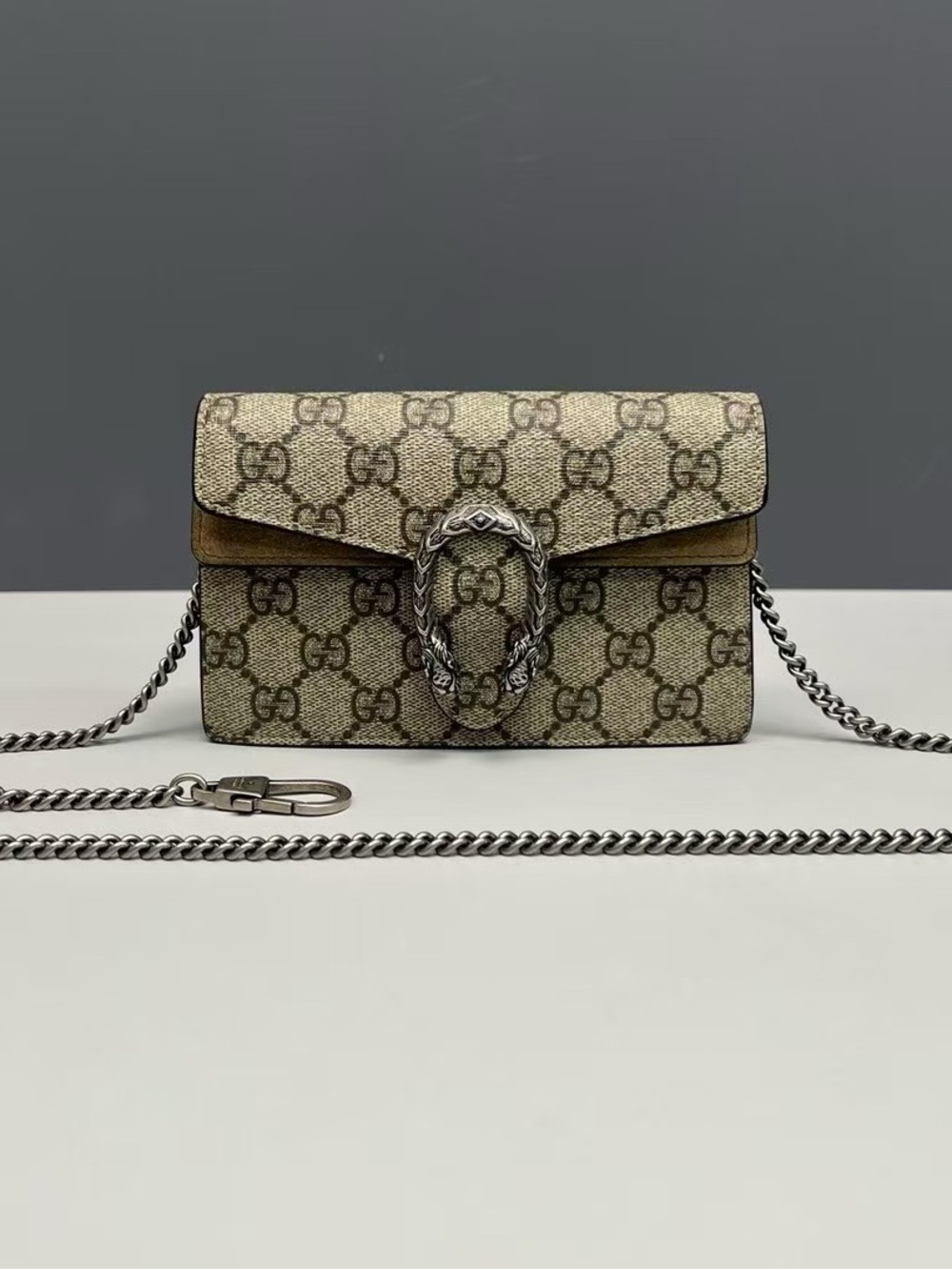 Gucci Beige GG Supreme Dionysus Crossbody with Silver Hardware